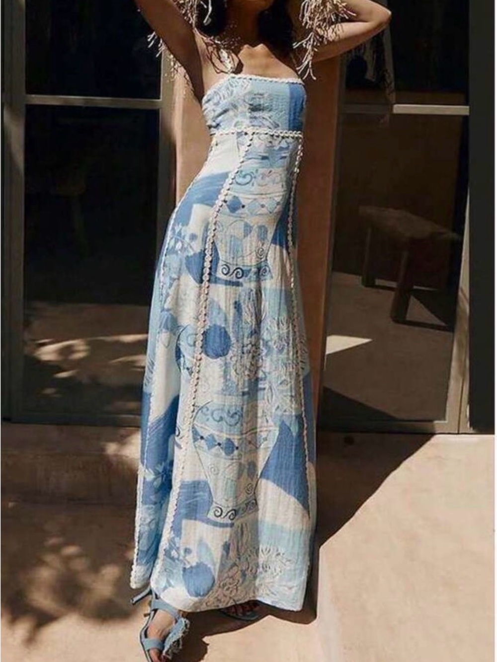 Strapless Blue & White Printed Maxi Dress with Crochet Trim